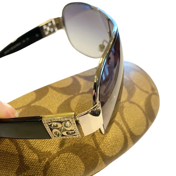 COACH Aviator Shield Sunglasses NWOT in Black & Silver w/Rhinestone Logo Detail - Picture 9 of 14